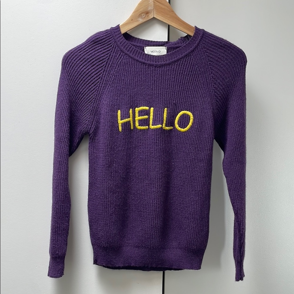 Purple Vicolo Sweater with Yellow 'Hello' Embroidery